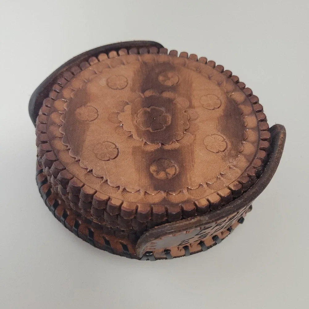 Casa De Esperanza Hand Tooled Leather Coaster Set 6 Piece Brown Floral Rustic